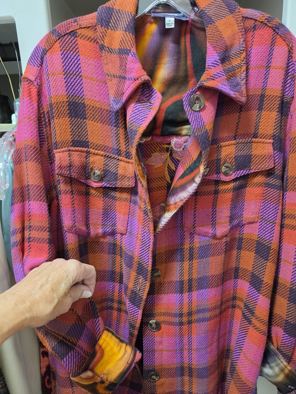 Johnny Was Pink and Orange Plaid Button-Front Shirt Jacket - Picture 4 of 4